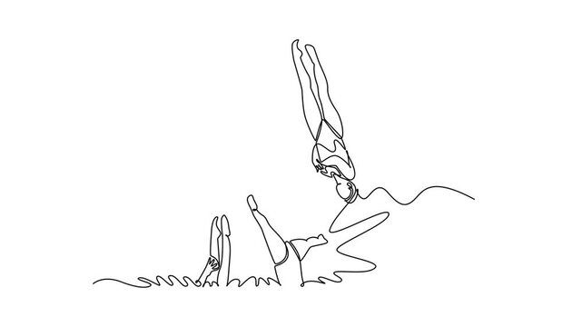 Animated self drawing of continuous line draw group women are performing a synchronized vertical position in the water. Grace, precision, fluid motion of aquatic sport. Full length one line animation