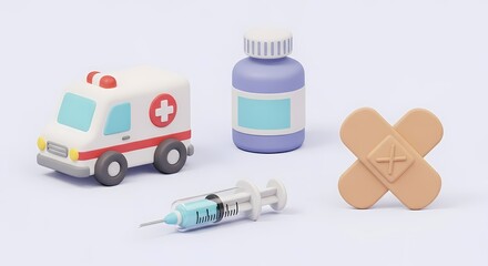 A collection of 3D rendered medical icons representing healthcare, first aid, vaccination, and emergency services for health concepts