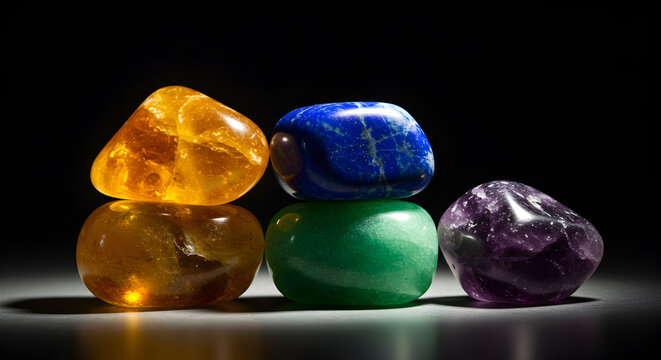 A stack of polished gemstones including amber lapis lazuli aventurine and amethyst on a dark background - Powered by Adobe