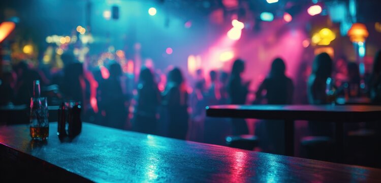 A lively nightclub scene with colorful lighting, silhouettes of people dancing, and a vibrant atmosphere filled with music and social interaction