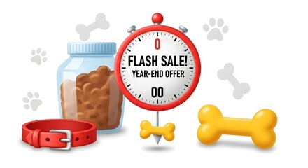Pet shop promotion concept with dog food and toys, countdown timer for flash sale offer