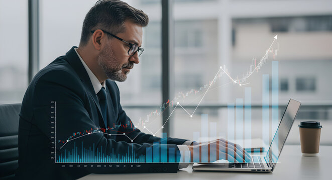 Man in suit working on laptop with financial graph overlay and coffee cup on desk near a window