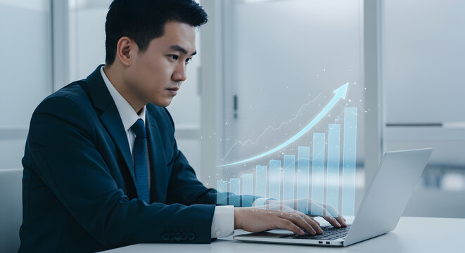 Asian businessman working on laptop with financial growth chart overlay in a bright office space