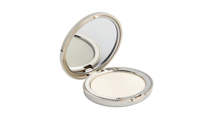 A sleek silver and gold toned makeup compact is open revealing a light pressed powder and a clean round mirror inside its lid