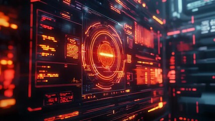 Red glowing futuristic interface displaying digital data code - Powered by Adobe