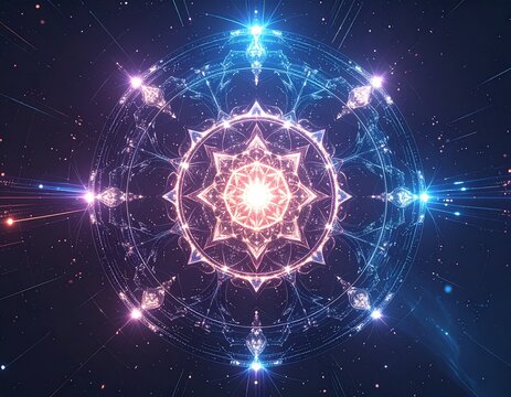 3D holographic matrix mandala made from digital code strings and light trails on dark tech background