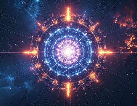 3D holographic matrix mandala made from digital code strings and light trails on dark tech background