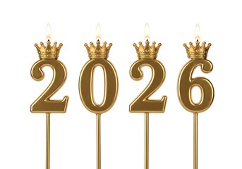 Golden candles shaped like the numbers 2026, each topped with a crown, lit and ready to celebrate a special occasion on a white background