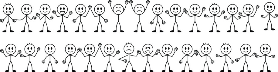Stick figure emotions, hand-drawn people, happy sad faces, teamwork concept, communication illustration, 