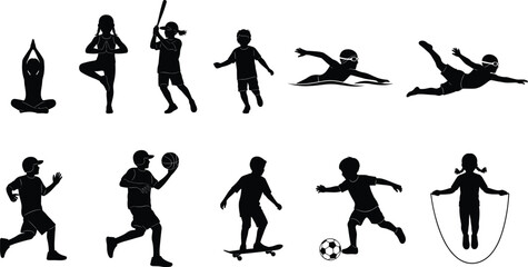 Silhouette children practicing various sports and fitness activities, illustrating healthy lifestyle, physical exercise, athletic movement and active youth recreation in vector design
