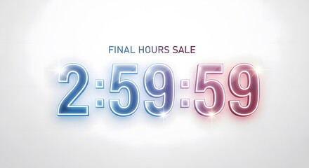 Final hours sale countdown with glowing 2 59 59 in blue pink light background