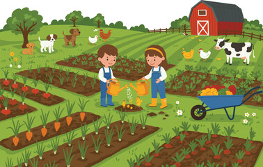 Cartoon children watering vegetables on farm, red barn background, animal care scene, garden rows, teamwork illustration, healthy food concept, rural lifestyle, outdoor activity
