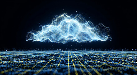 Abstract digital cloud computing concept with glowing particle wave and connected data points for global network infrastructure.