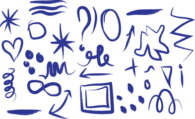 Vibrant collection of blue hand-drawn doodles and symbols