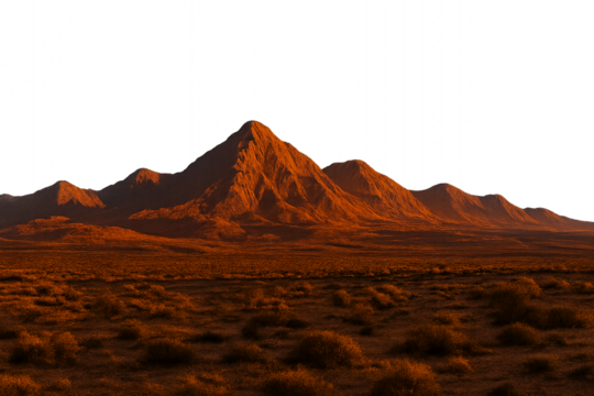 A panoramic desert mountain range at golden hour sunrise or sunset. Isolated on transparent background.