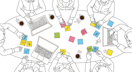 Dynamic team brainstorming innovative solutions using sticky notes and laptops in a collaborative modern office setting for problem-solving and creative thinking