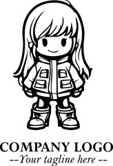 Black and White Chibi Girl Standing in Jacket, Pants, and Boots. Simple Bold Vector Illustration
