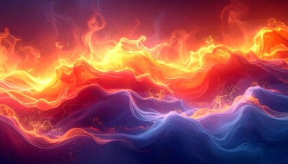 An abstract image features a vibrant display of swirling energy. Orange and red hues blend into a dark purple base, resembling undulating flames