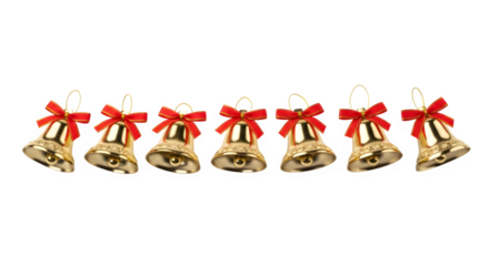 Row of golden christmas bells with red bows isolated on transparent background