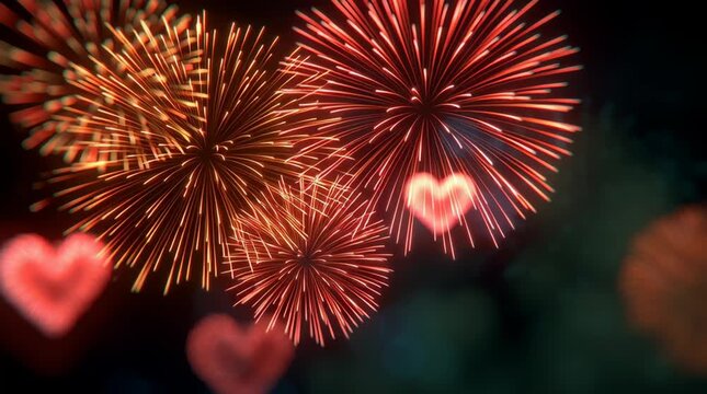 Festive fireworks with heart shapes glowing bright night sky creating joyful celebration with glowing explosions and bright festive heart filled night