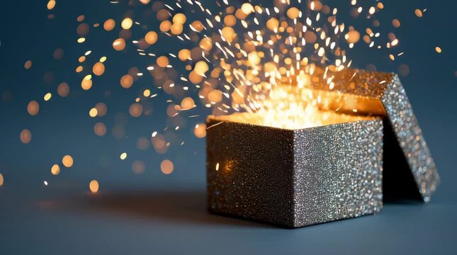Exploding gift box with bright sparkles glowing light and glittering particles bursting out creating magical festive celebration atmosphere surprise
