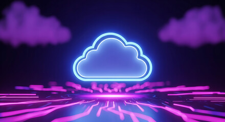 Futuristic neon cloud computing icon with glowing data lines representing secure digital storage and network technology infrastructure.