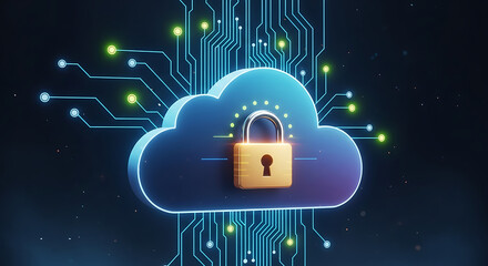 Digital cloud security concept. padlock on cloud icon, circuit board background, symbolizing data protection and privacy.