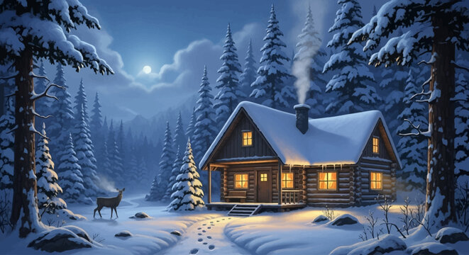 Enchanting snow covered cabin glowing warmly on a peaceful winter night, perfect for holiday cards, winter scenes, and cozy seasonal promotions