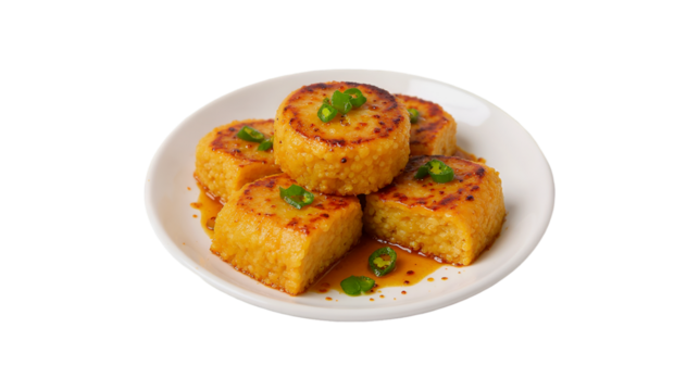 A plate of seared golden grain cakes drizzled with a sweet and savory sauce and topped with fresh sliced green chilies,
