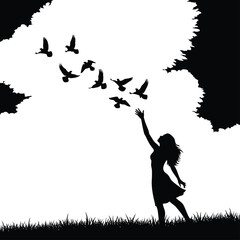 Woman Releasing Birds Into the Sky Black & White Silhouette Vector