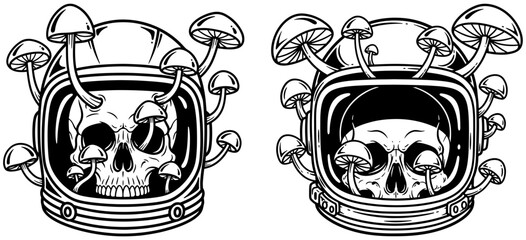 A pair of astronaut skulls with mushrooms growing on their helmets © FrajanaAI