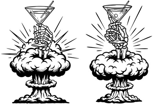 Two skeleton hands holding martini glasses above mushroom clouds, a dark and humorous illustration