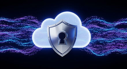 Cloud computing security with a metallic shield and keyhole protecting digital data. robust cybersecurity and privacy are ensured.