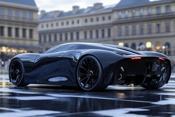 A sleek, black sports car with a futuristic design, parked in a grand, historic building with ornate architecture and a reflective surface.
