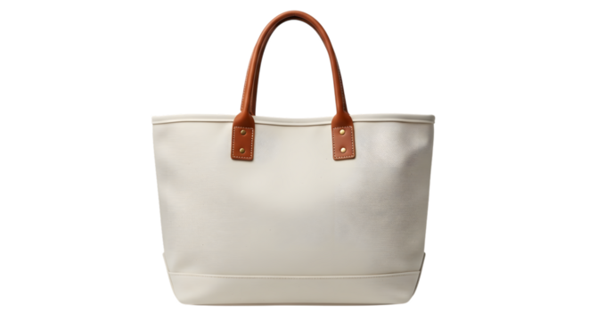 A stylish white tote bag with brown leather handles, perfect for beach or everyday use, isolated on transparent background