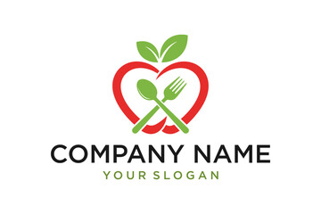 Healthy Food Logo Design with Apple Heart, Spoon, and Fork for Restaurant or Nutrition Business