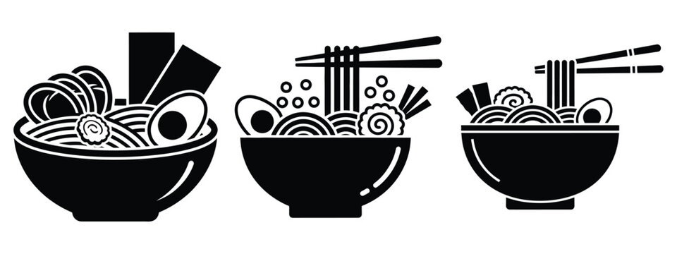 ramen bowl minimal flat icon set, black color and white background