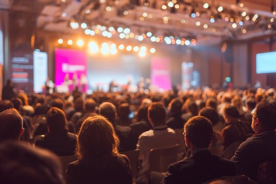 Focused audience at professional conference with blurred speakers on brightly lit stage, academic corporate event atmosphere. High quality - Powered by Adobe
