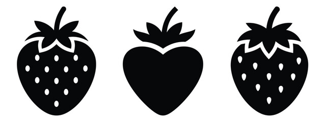 strawberry minimal flat icon set, black color and white background
