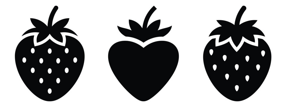 strawberry minimal flat icon set, black color and white background