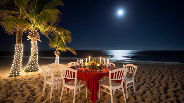 Romantic moonlit beach dinner with candlelit table and palm trees by ocean waves