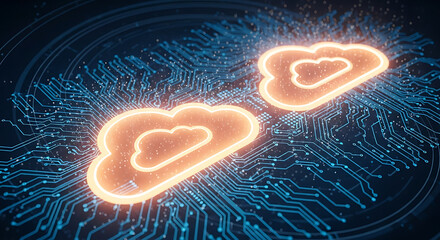 Cloud computing concept with glowing server icons on a circuit board, representing data storage, network, and digital innovation.