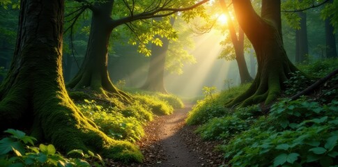 Sun-dappled trail winds through moss-draped forest, green, Northwest