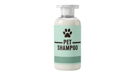 A bottle of pet shampoo with a paw print logo, isolated on a transparent background