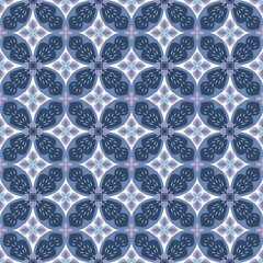 Seamless pattern with blue and purple floral and geometric motifs on a white background