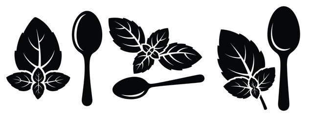 basil leaf minimal flat icon set, black color and white background