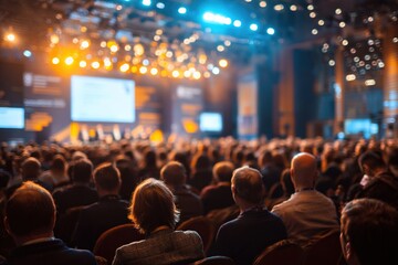Focused audience at professional conference with blurred speakers on brightly lit stage, academic corporate event atmosphere. High quality