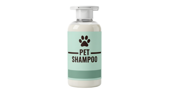 A bottle of pet shampoo with a paw print logo, isolated on a transparent background