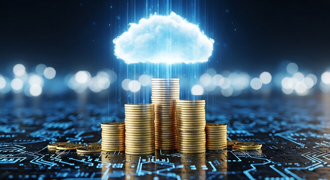Cloud financial technology concept showing digital data streaming onto golden coin stacks on a glowing circuit board background. - Powered by Adobe