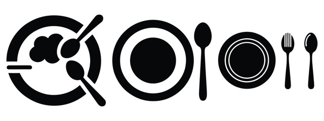 brunch plate minimal flat icon set, black color and white background